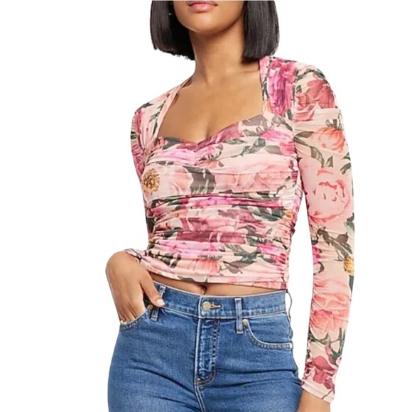 Express Tops - Express Bodycon Floral Ruched Mesh Sweetheart Neck Long Sleeve Top Pink Sz M